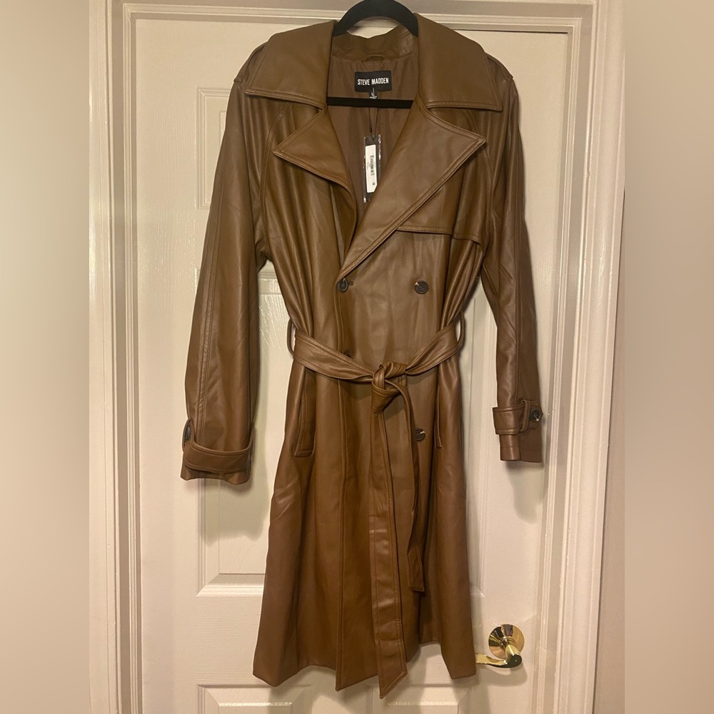 NWT Steve Madden (REVOLVE) Women’s Ilia Trench Coat Faux Leather Dark Brown - Picture 5 of 11